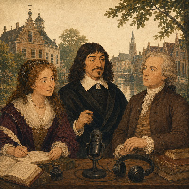Anna Maria van Schurman, René Descartes en Frans Hemsterhuis als gasten in een denkbeeldige podcaststudio in historisch Franeker